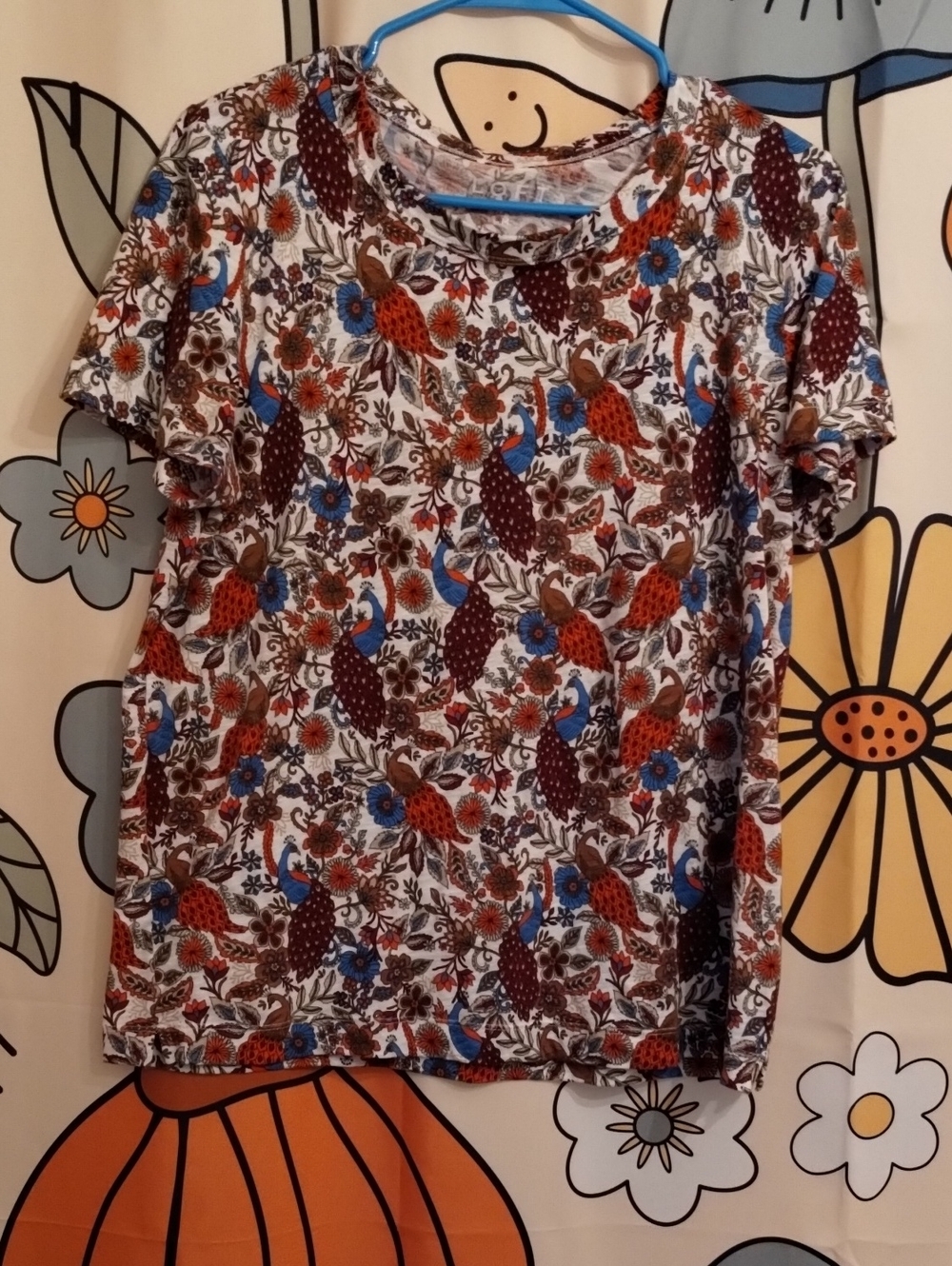 LOFT White Tee with Blue, Berry And Rust Floral/Bird Accents